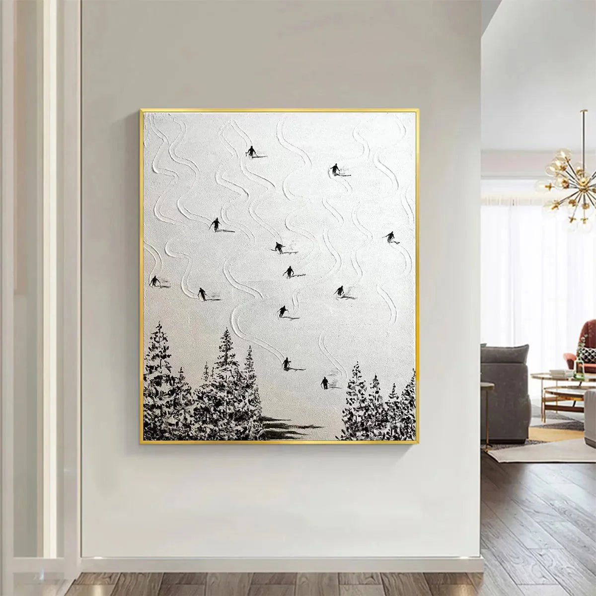 SNOW DANCE: Minimalist Skiing Painting on Textured Square Canvas | Minimalist mood, soft natural light studio shot