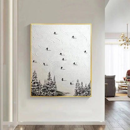 SNOW DANCE: Minimalist Skiing Painting on Textured Square Canvas | Minimalist mood, soft natural light studio shot
