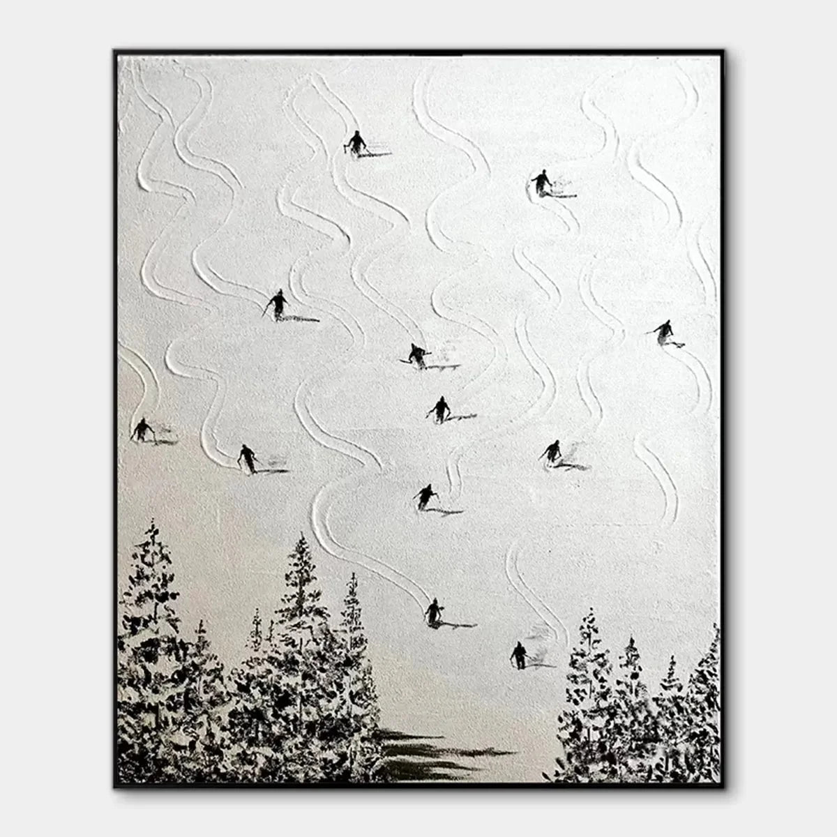 SNOW DANCE: Minimalist Skiing Painting on Textured Square Canvas | hanging in living room, Minimalist wall art
