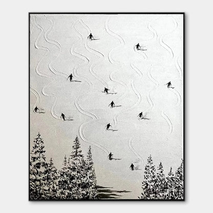 SNOW DANCE: Minimalist Skiing Painting on Textured Square Canvas | hanging in living room, Minimalist wall art