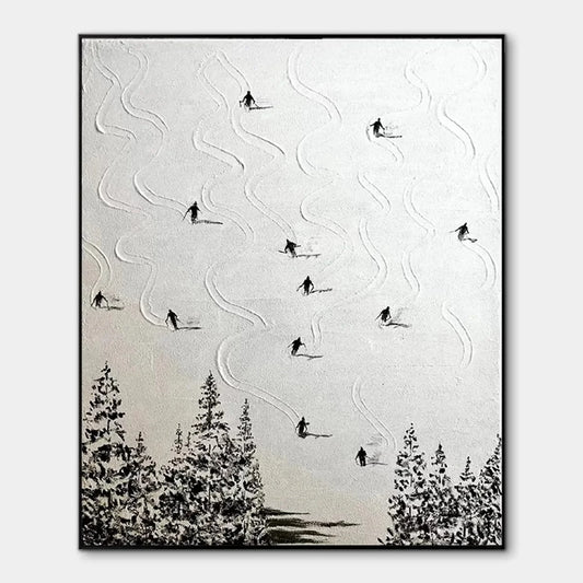 SNOW DANCE: Minimalist Skiing Painting on Textured Square Canvas | hanging in living room, Minimalist wall art