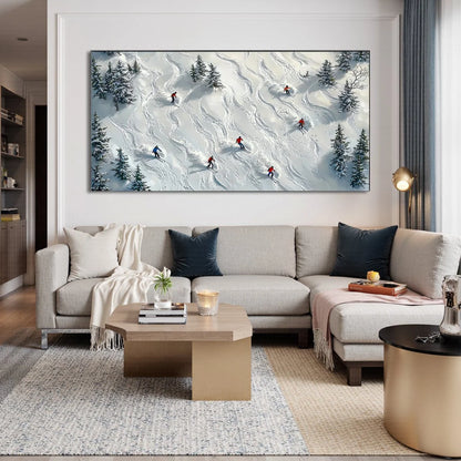 SNOW DANCE: Minimalist Winter Sports Scene Oil Painting | Minimalist closeup, raised brushwork detail