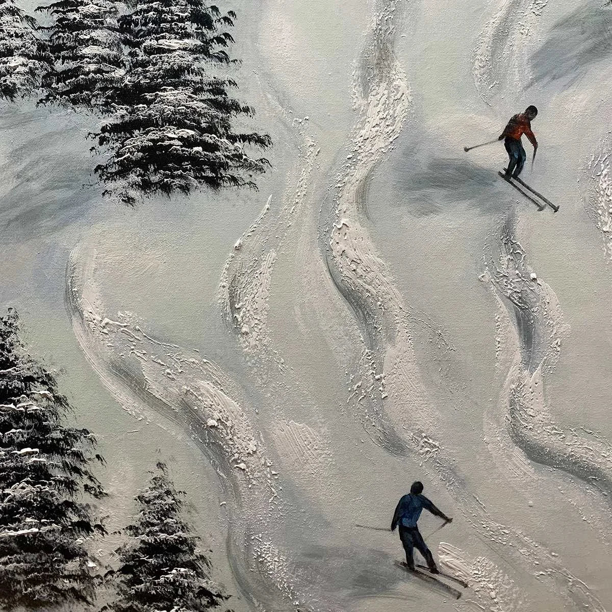 SNOW DANCE: Minimalist Winter Sports Scene Oil Painting | rectangular format, hand-painted canvas edge