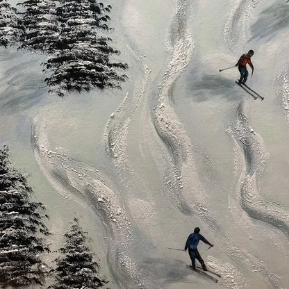 SNOW DANCE: Minimalist Winter Sports Scene Oil Painting | rectangular format, hand-painted canvas edge