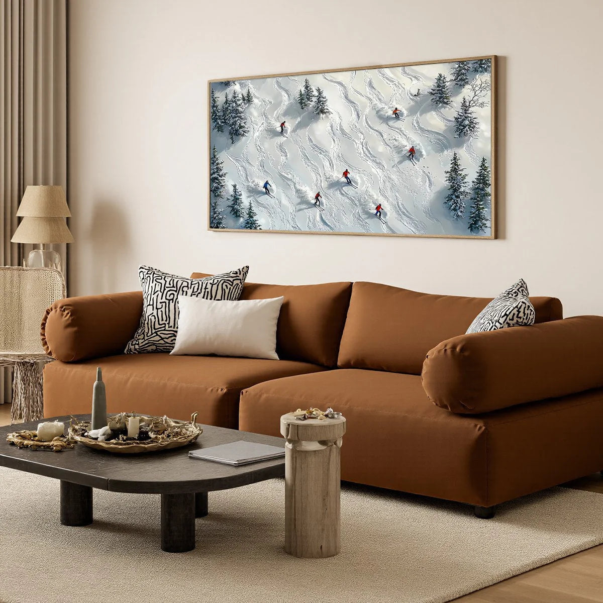 SNOW DANCE: Minimalist Winter Sports Scene Oil Painting | gold frame stretched on neutral wall