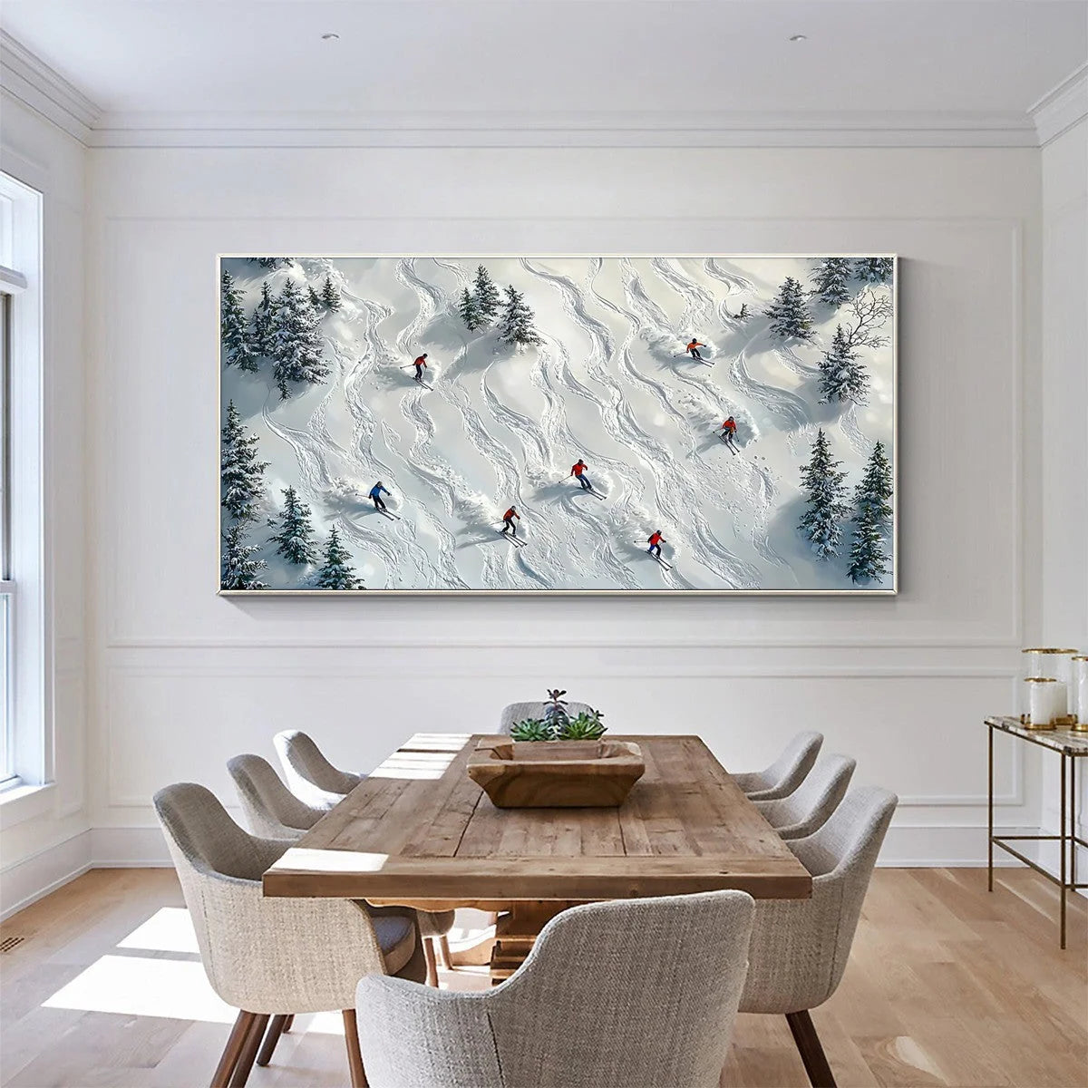 SNOW DANCE: Minimalist Winter Sports Scene Oil Painting | black frame version on white wall