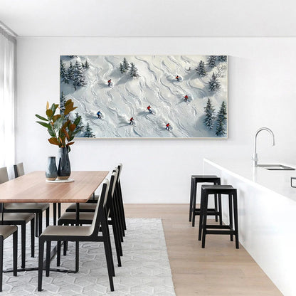 SNOW DANCE: Minimalist Winter Sports Scene Oil Painting | Minimalist mood, soft natural light studio shot