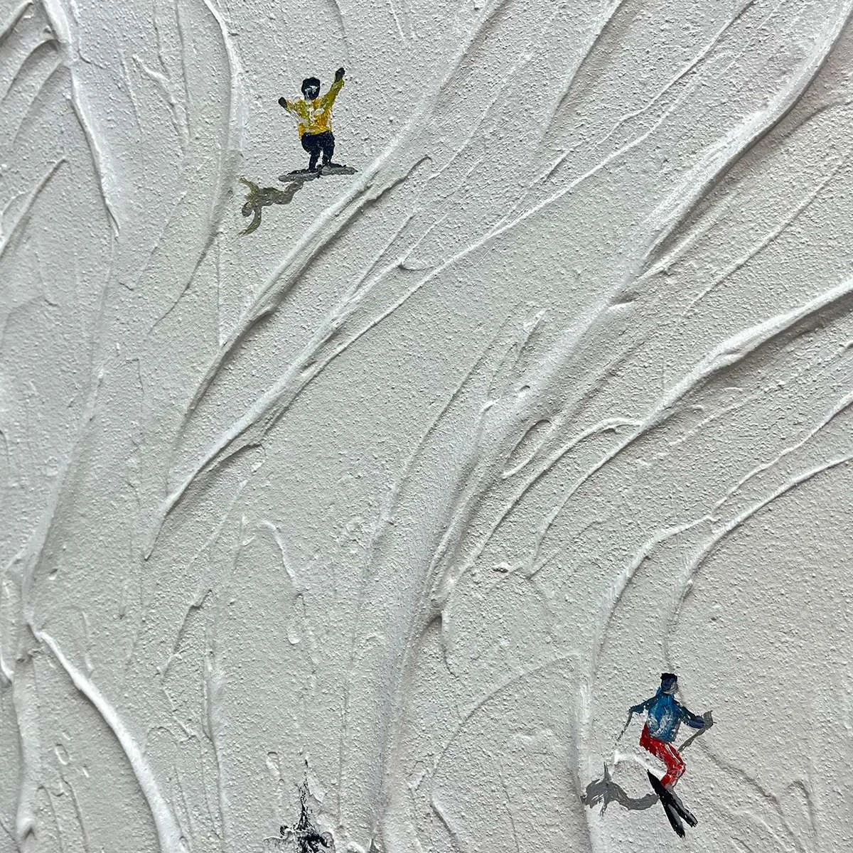 SNOWY CARVE: Textured White Skiing Landscape Painting | rectangular format, hand-painted canvas edge
