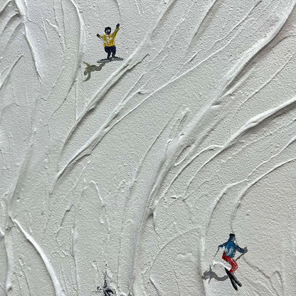 SNOWY CARVE: Textured White Skiing Landscape Painting | rectangular format, hand-painted canvas edge