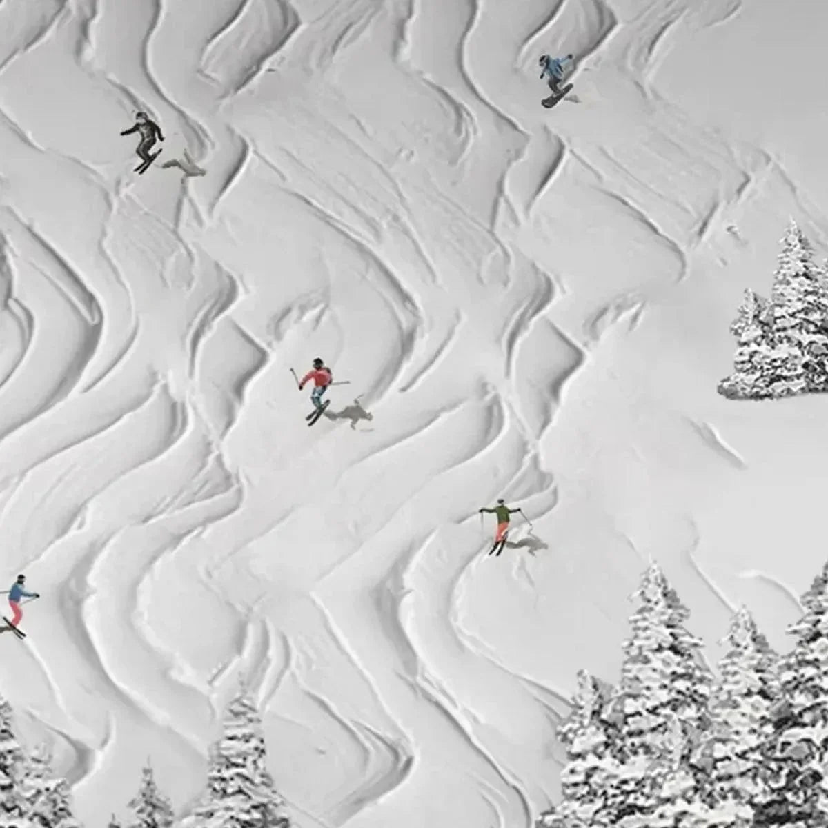 SNOWY CARVE: Textured White Skiing Landscape Painting | gold frame stretched on neutral wall