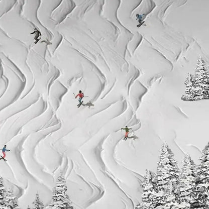 SNOWY CARVE: Textured White Skiing Landscape Painting | gold frame stretched on neutral wall