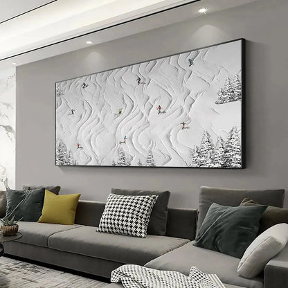 SNOWY CARVE: Textured White Skiing Landscape Painting | rolled canvas, ready for custom framing
