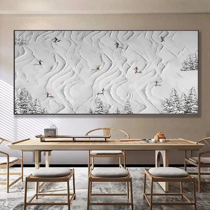 SNOWY CARVE: Textured White Skiing Landscape Painting | black frame version on white wall