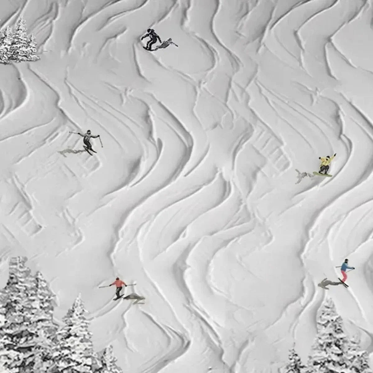 SNOWY CARVE: Textured White Skiing Landscape Painting | multi-color palette, original oil on stretched canvas art