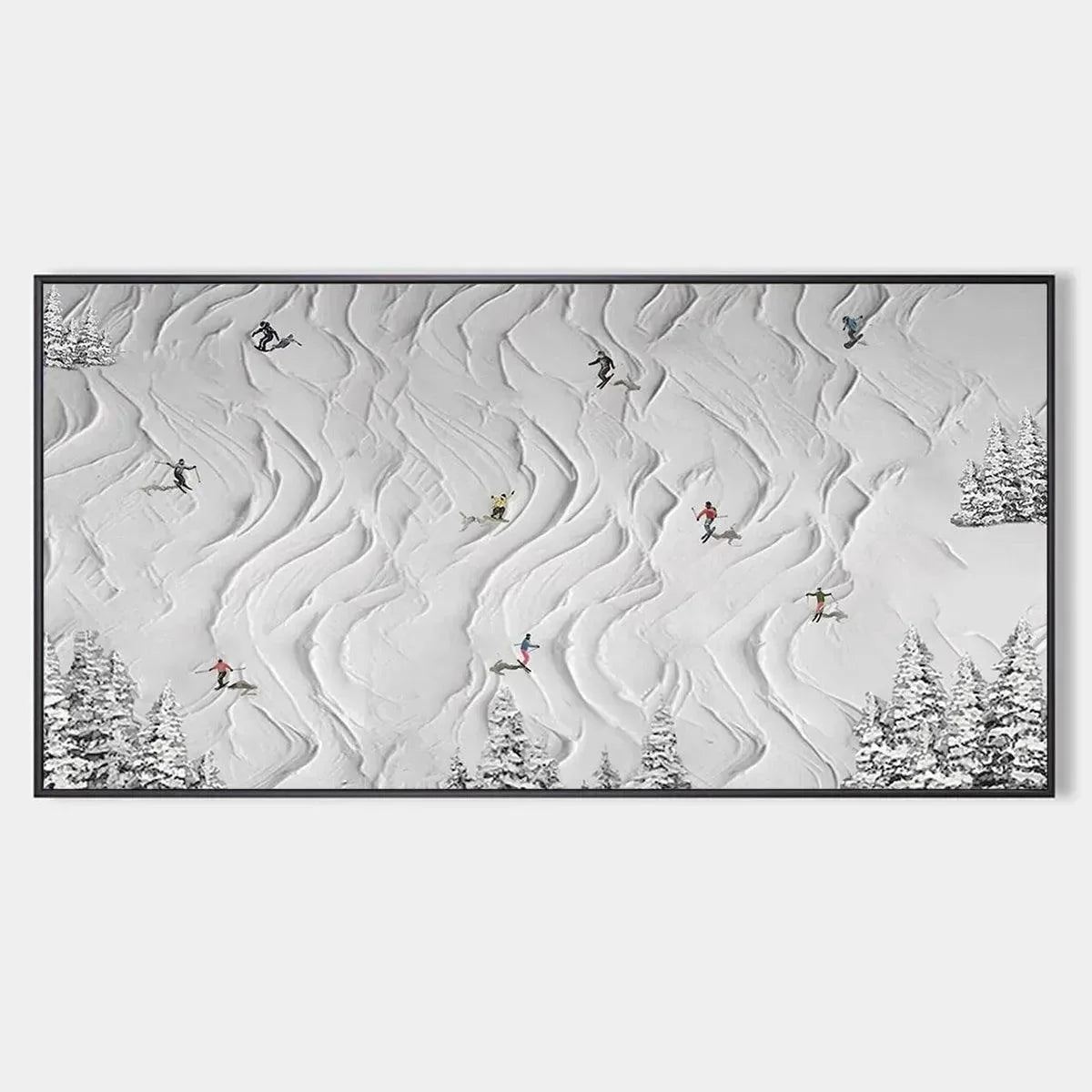 SNOWY CARVE: Textured White Skiing Landscape Painting | hanging in living room, Landscape wall art