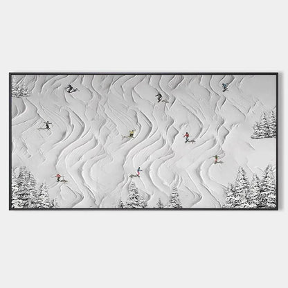 SNOWY CARVE: Textured White Skiing Landscape Painting | hanging in living room, Landscape wall art