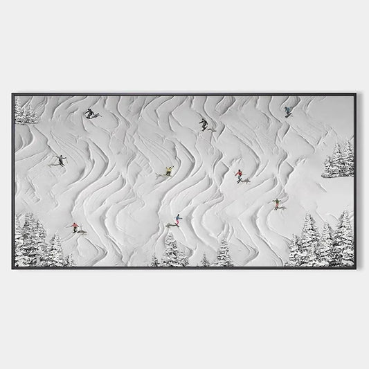 SNOWY CARVE: Textured White Skiing Landscape Painting | hanging in living room, Landscape wall art