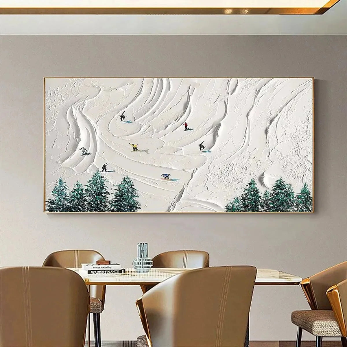 SNOWY PEAKS: Textured Minimalist Winter Landscape Painting with Skiers | Landscape closeup, raised brushwork detail