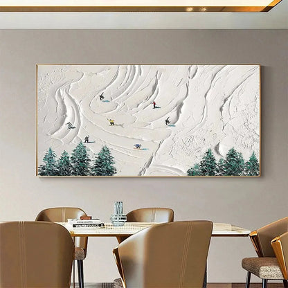 SNOWY PEAKS: Textured Minimalist Winter Landscape Painting with Skiers | Landscape closeup, raised brushwork detail