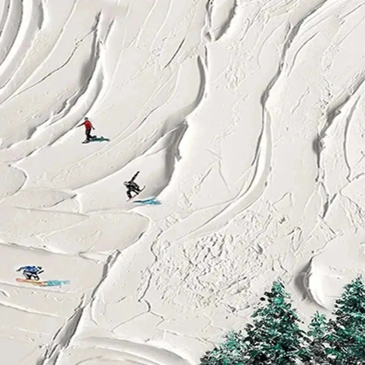 SNOWY PEAKS: Textured Minimalist Winter Landscape Painting with Skiers | rectangular format, hand-painted canvas edge