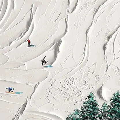 SNOWY PEAKS: Textured Minimalist Winter Landscape Painting with Skiers | rectangular format, hand-painted canvas edge