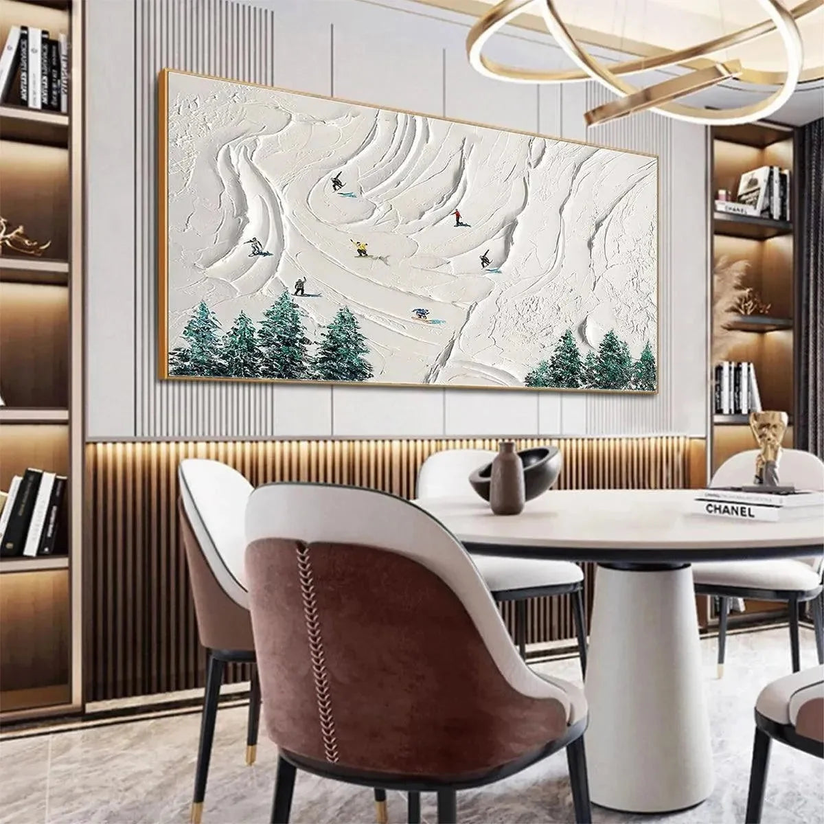 SNOWY PEAKS: Textured Minimalist Winter Landscape Painting with Skiers | gold frame stretched on neutral wall