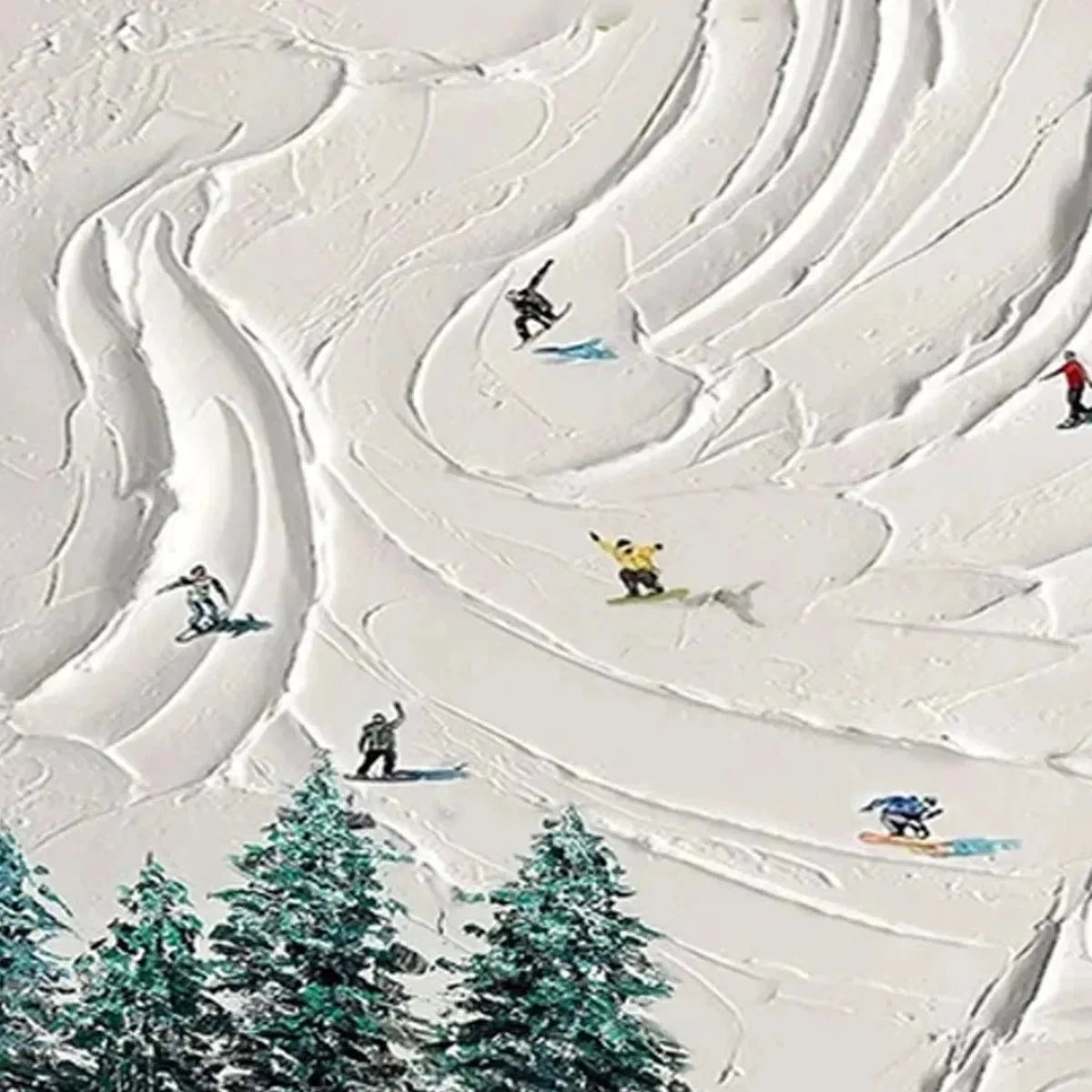 SNOWY PEAKS: Textured Minimalist Winter Landscape Painting with Skiers | rolled canvas, ready for custom framing
