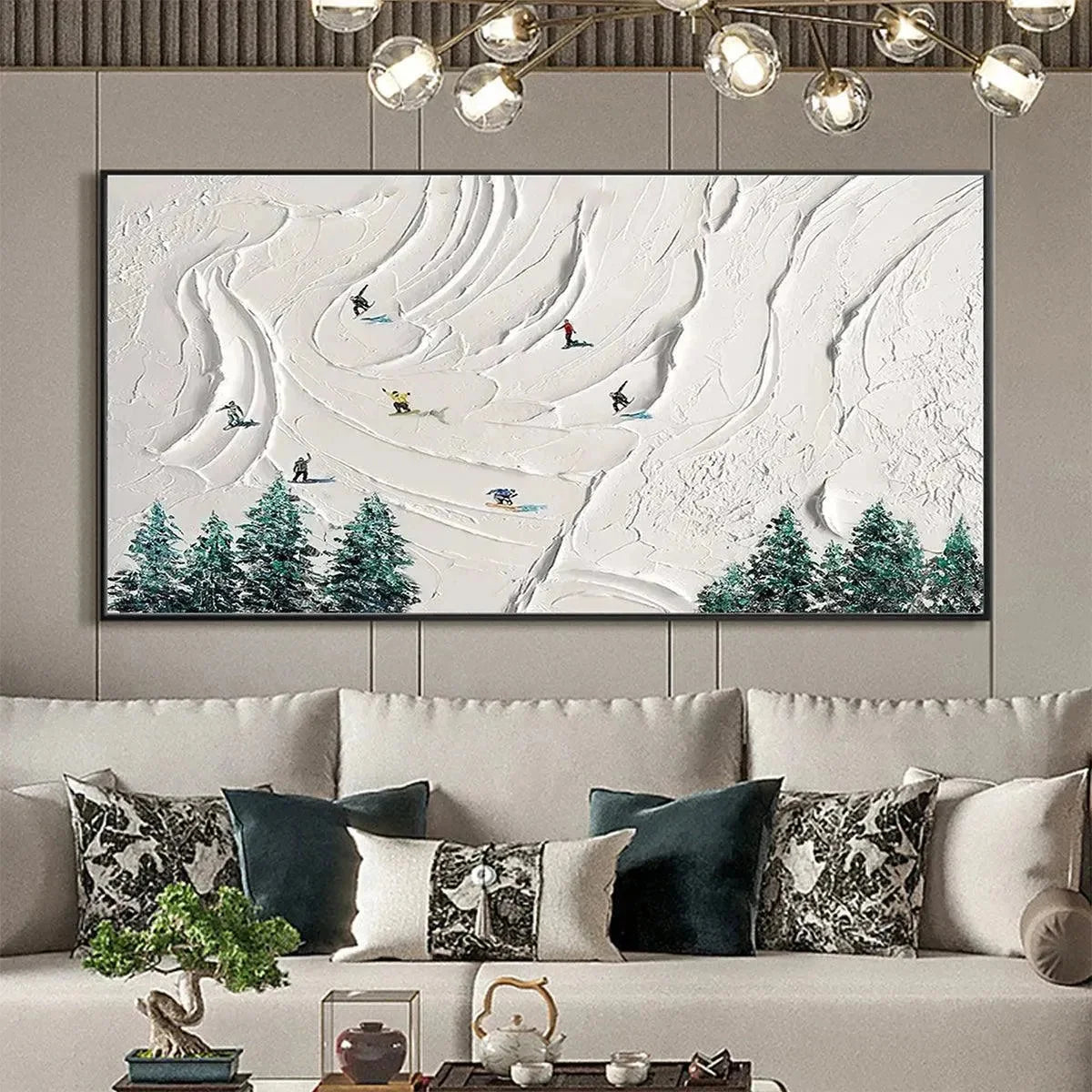 SNOWY PEAKS: Textured Minimalist Winter Landscape Painting with Skiers | black frame version on white wall
