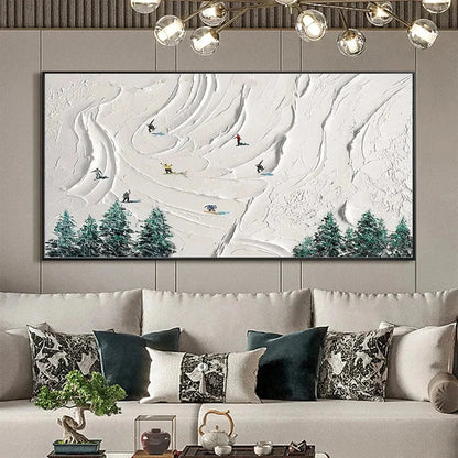 SNOWY PEAKS: Textured Minimalist Winter Landscape Painting with Skiers | black frame version on white wall