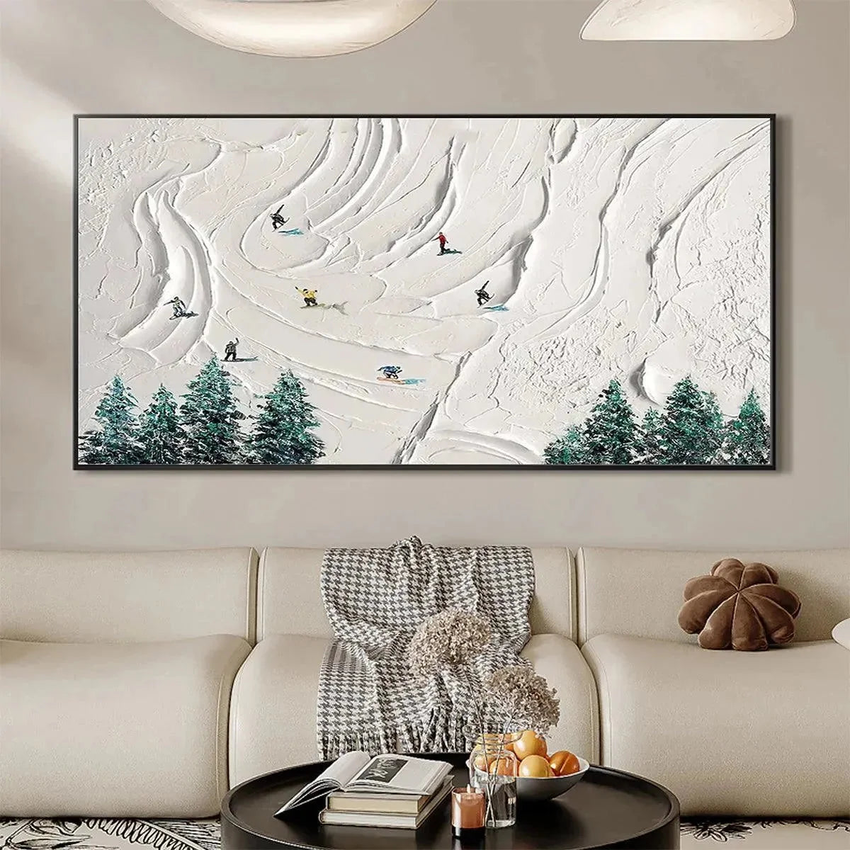 SNOWY PEAKS: Textured Minimalist Winter Landscape Painting with Skiers | Landscape mood, soft natural light studio shot