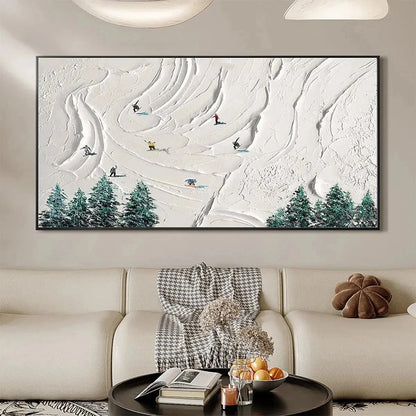 SNOWY PEAKS: Textured Minimalist Winter Landscape Painting with Skiers | Landscape mood, soft natural light studio shot
