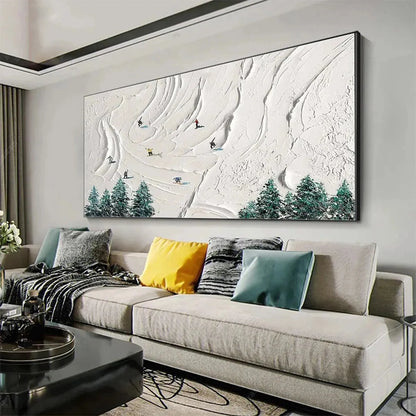 SNOWY PEAKS: Textured Minimalist Winter Landscape Painting with Skiers | multi-color palette, original oil on stretched canvas art
