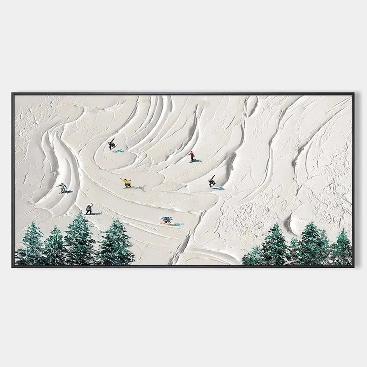 SNOWY PEAKS: Textured Minimalist Winter Landscape Painting with Skiers | hanging in living room, Landscape wall art