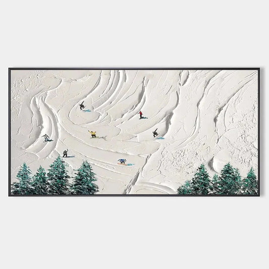 SNOWY PEAKS: Textured Minimalist Winter Landscape Painting with Skiers | hanging in living room, Landscape wall art