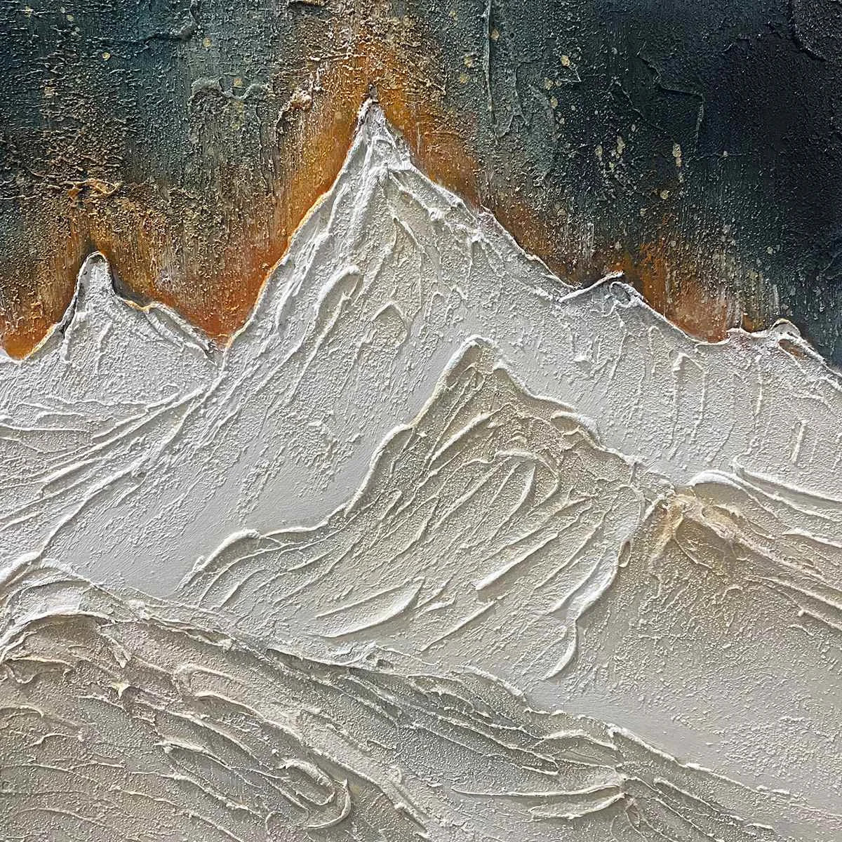 SNOWY PEAKS: Textured White and Gold Mountain Painting for Living Room | Abstract closeup, raised brushwork detail