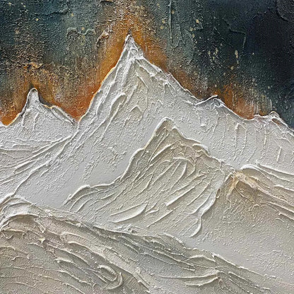 SNOWY PEAKS: Textured White and Gold Mountain Painting for Living Room | Abstract closeup, raised brushwork detail
