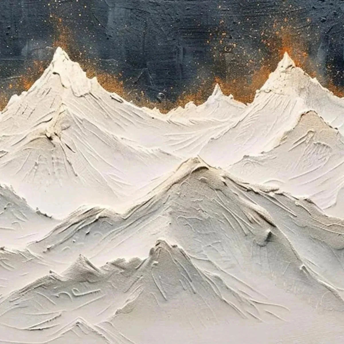 SNOWY PEAKS: Textured White and Gold Mountain Painting for Living Room | rectangular format, hand-painted canvas edge
