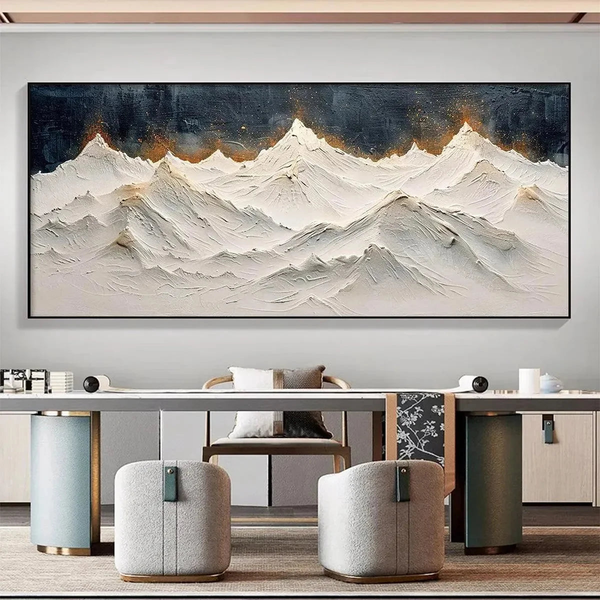 SNOWY PEAKS: Textured White and Gold Mountain Painting for Living Room | gold frame stretched on neutral wall