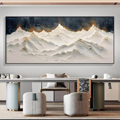 SNOWY PEAKS: Textured White and Gold Mountain Painting for Living Room | gold frame stretched on neutral wall