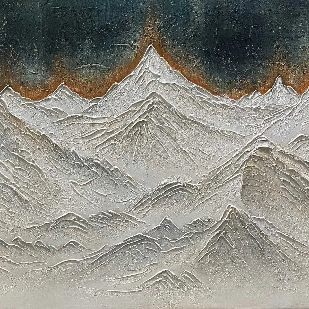 SNOWY PEAKS: Textured White and Gold Mountain Painting for Living Room | rolled canvas, ready for custom framing