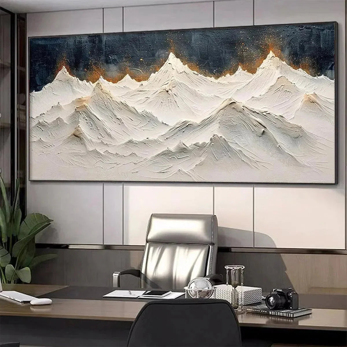 SNOWY PEAKS: Textured White and Gold Mountain Painting for Living Room | black frame version on white wall