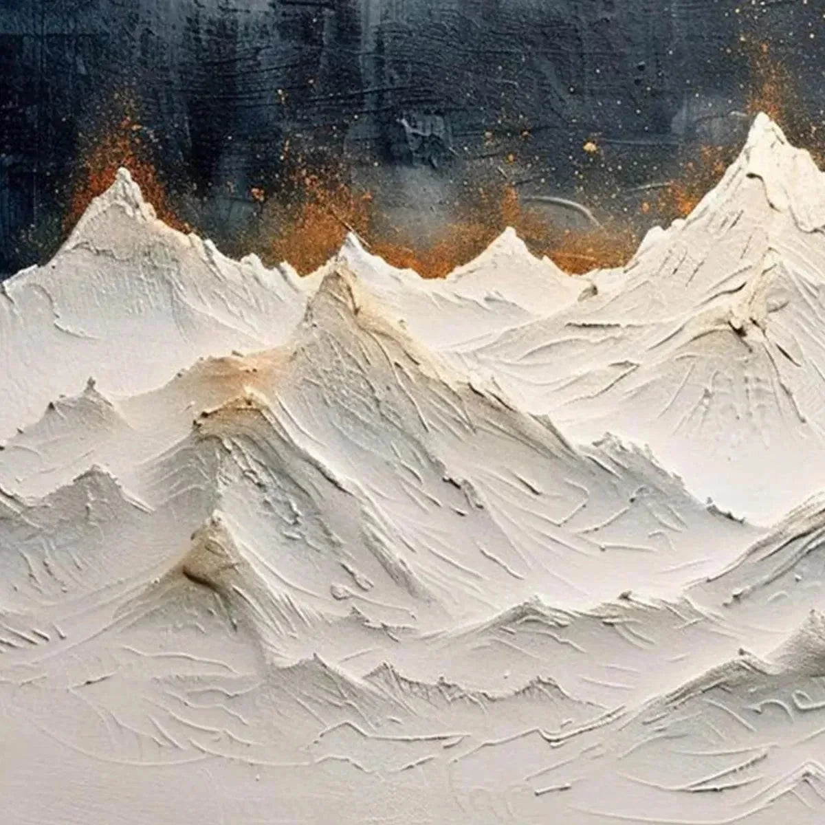 SNOWY PEAKS: Textured White and Gold Mountain Painting for Living Room | Abstract mood, soft natural light studio shot