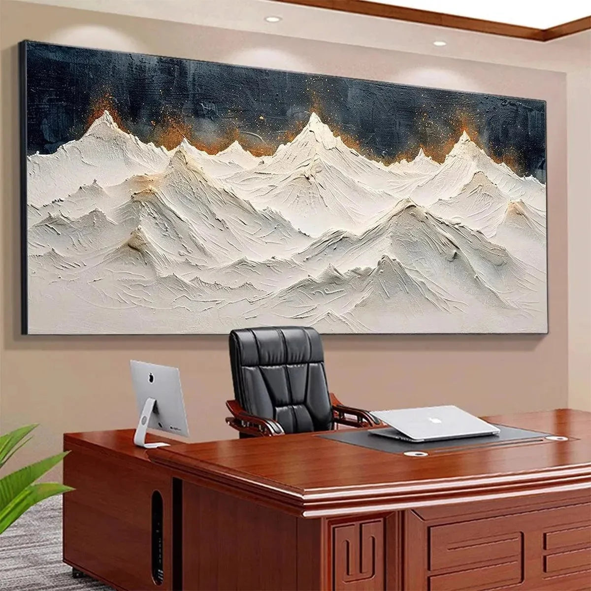 SNOWY PEAKS: Textured White and Gold Mountain Painting for Living Room | yellow palette, original oil on stretched canvas art