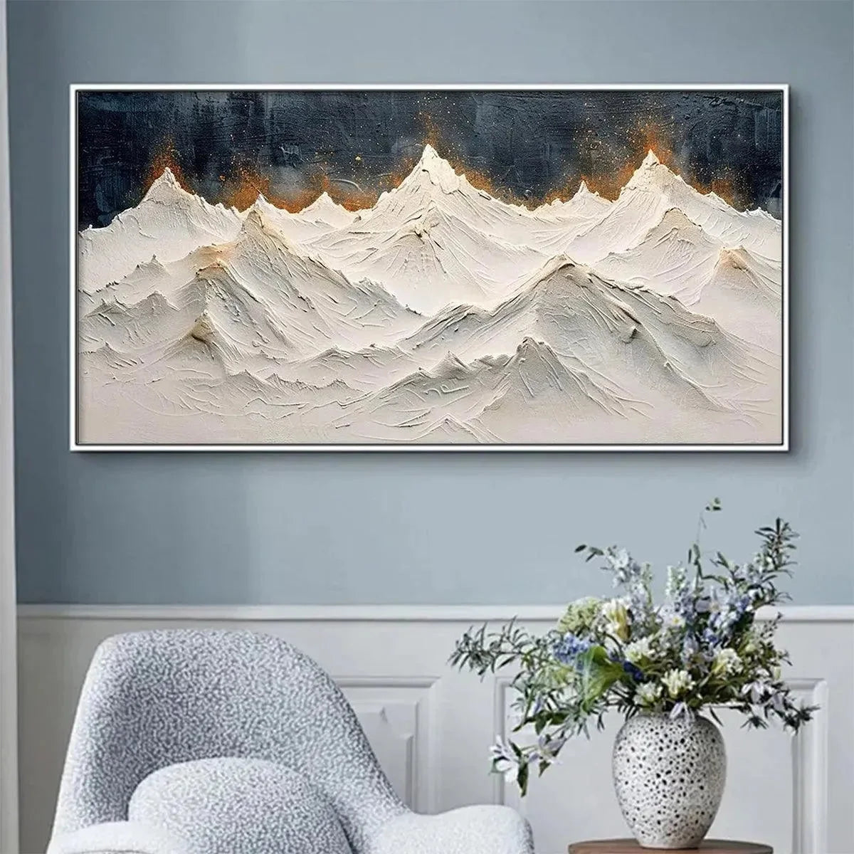 SNOWY PEAKS: Textured White and Gold Mountain Painting for Living Room | texture detail, palette knife marks visible