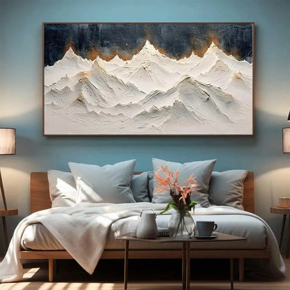 SNOWY PEAKS: Textured White and Gold Mountain Painting for Living Room | texture detail, palette knife marks visible