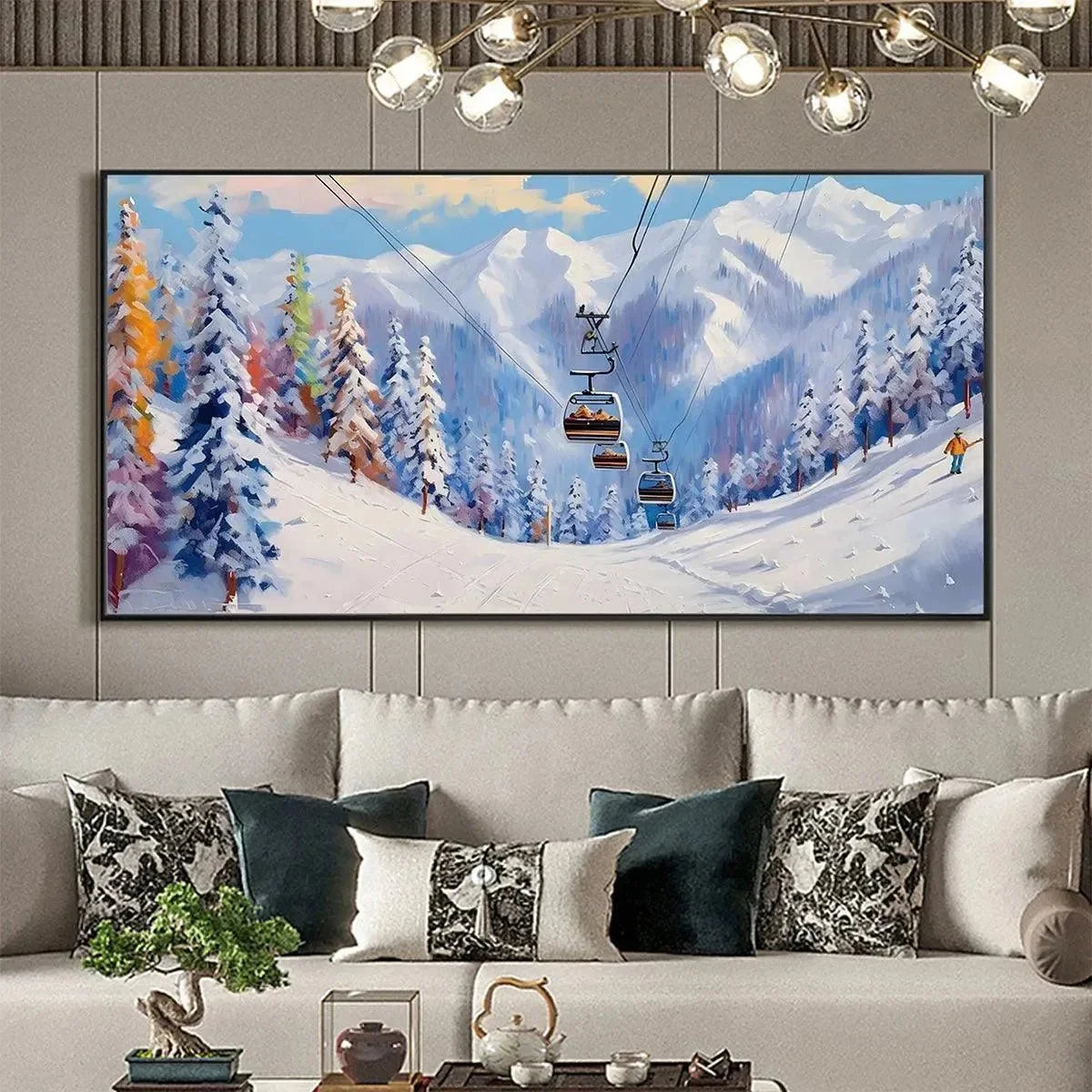 SNOWY SLOPES: Panoramic Ski Resort Landscape Painting | Landscape closeup, raised brushwork detail
