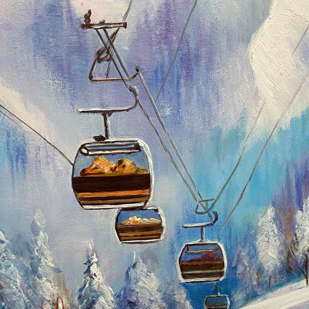 SNOWY SLOPES: Panoramic Ski Resort Landscape Painting | rectangular format, hand-painted canvas edge