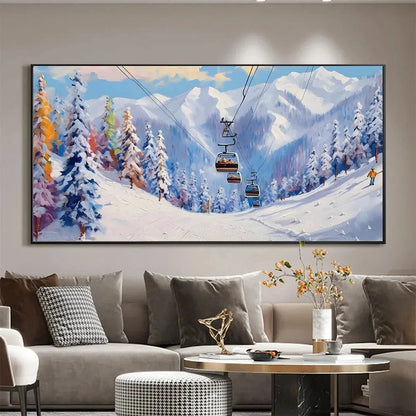 SNOWY SLOPES: Panoramic Ski Resort Landscape Painting | gold frame stretched on neutral wall