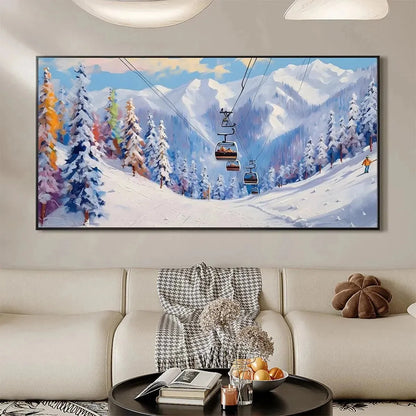 SNOWY SLOPES: Panoramic Ski Resort Landscape Painting | rolled canvas, ready for custom framing