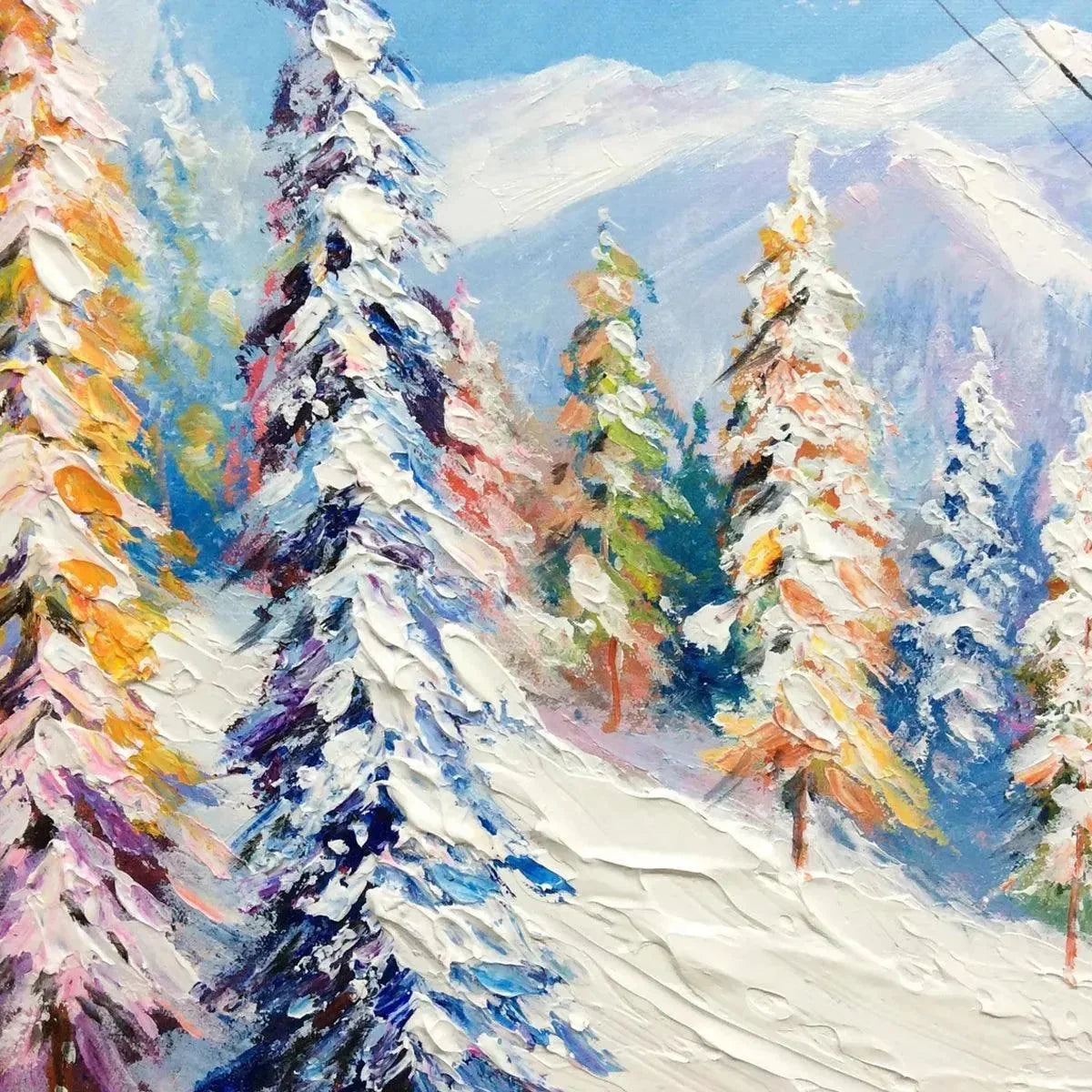 SNOWY SLOPES: Panoramic Ski Resort Landscape Painting | black frame version on white wall